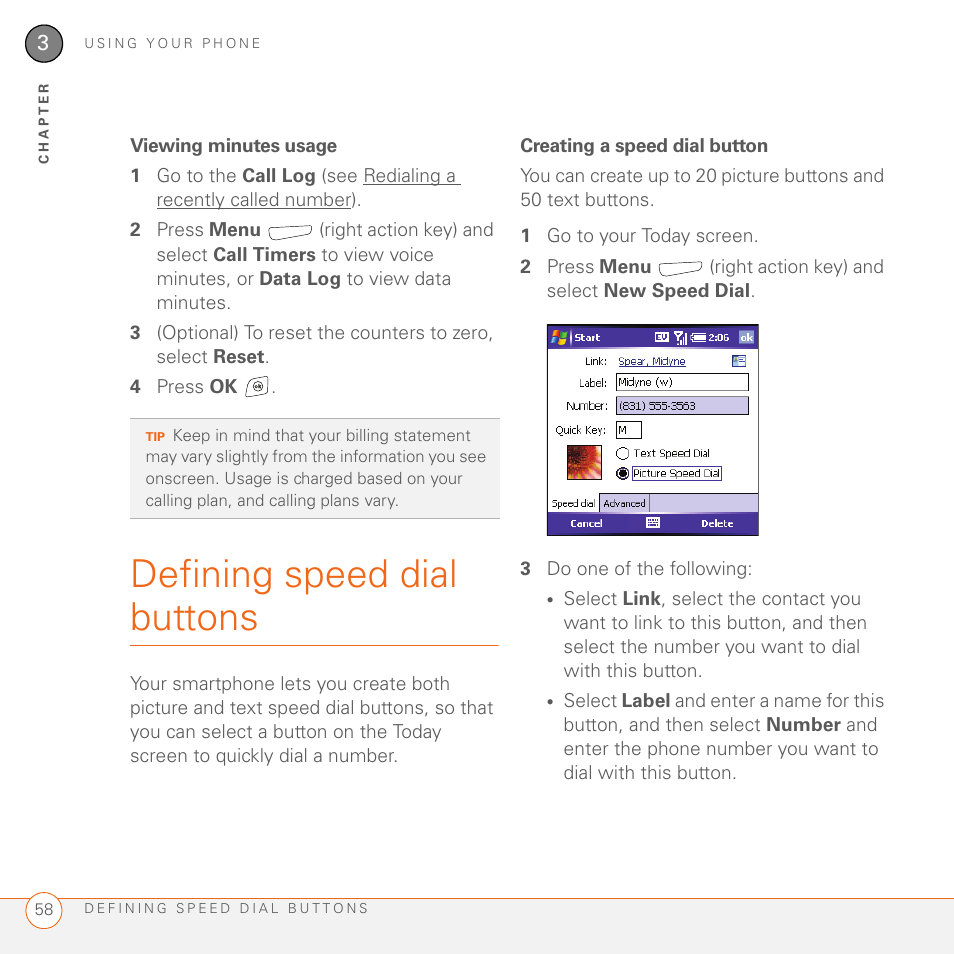 Viewing minutes usage, Defining speed dial buttons, Creating a speed dial button | See defining speed dial buttons, Option (see creating a speed dial button | Palm 700wx User Manual | Page 66 / 288