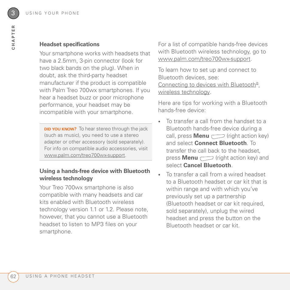 Headset specifications | Palm 700wx User Manual | Page 70 / 288