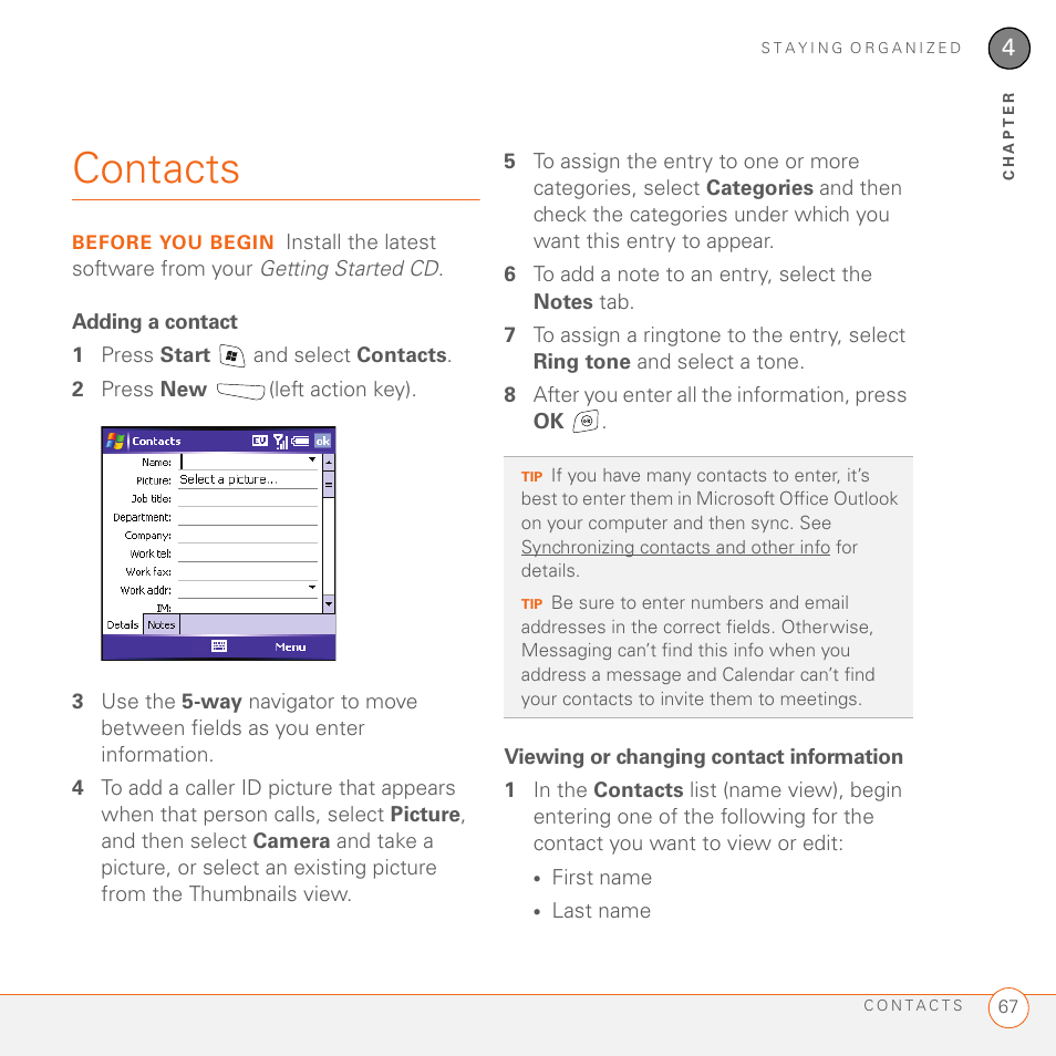 Contacts, Adding a contact, Viewing or changing contact information | Palm 700wx User Manual | Page 75 / 288