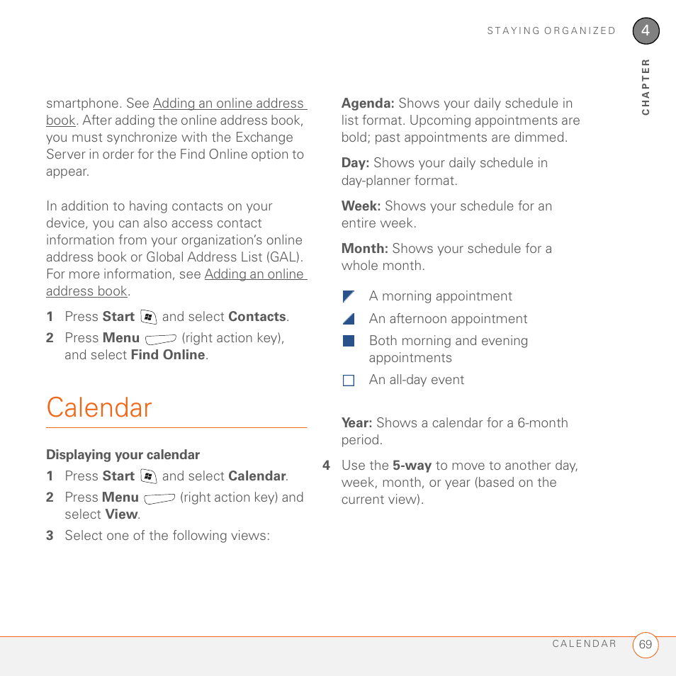 Calendar, Displaying your calendar | Palm 700wx User Manual | Page 77 / 288