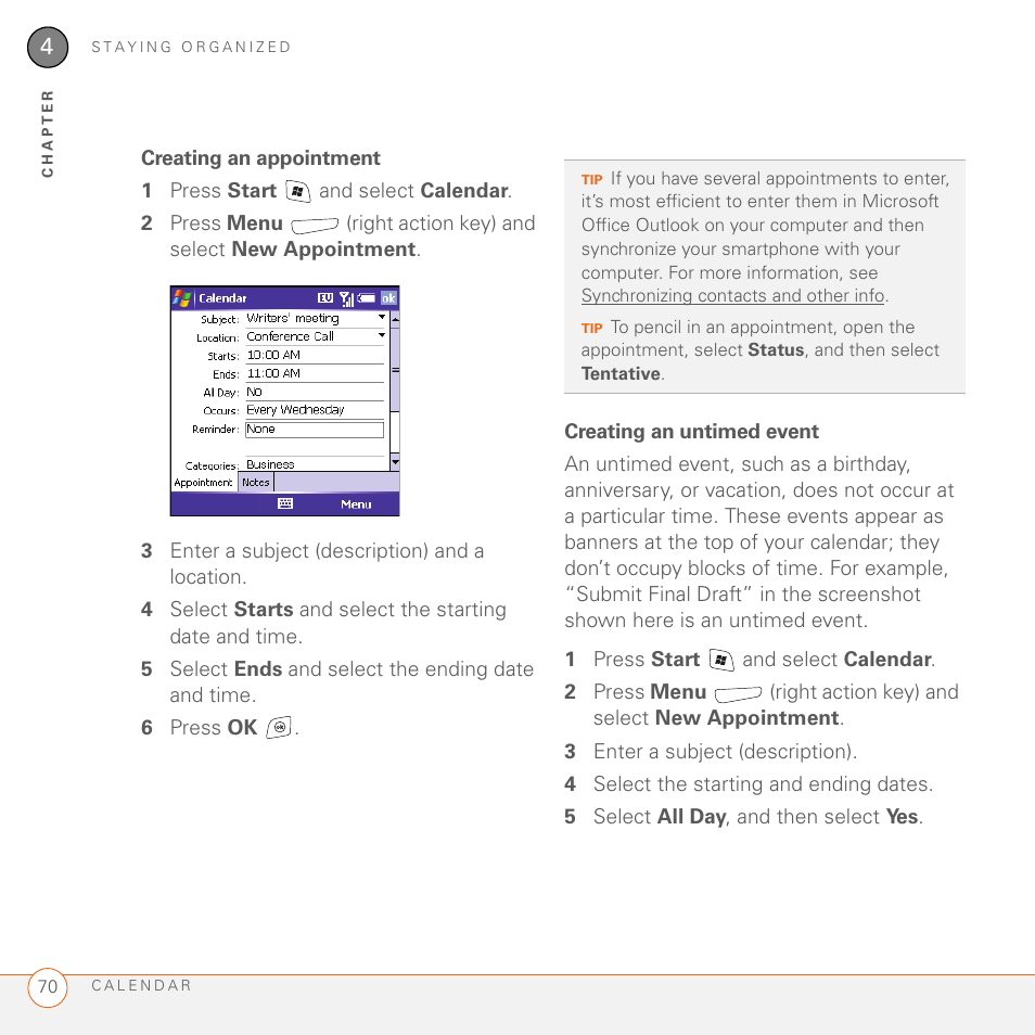 Creating an appointment, Creating an untimed event | Palm 700wx User Manual | Page 78 / 288