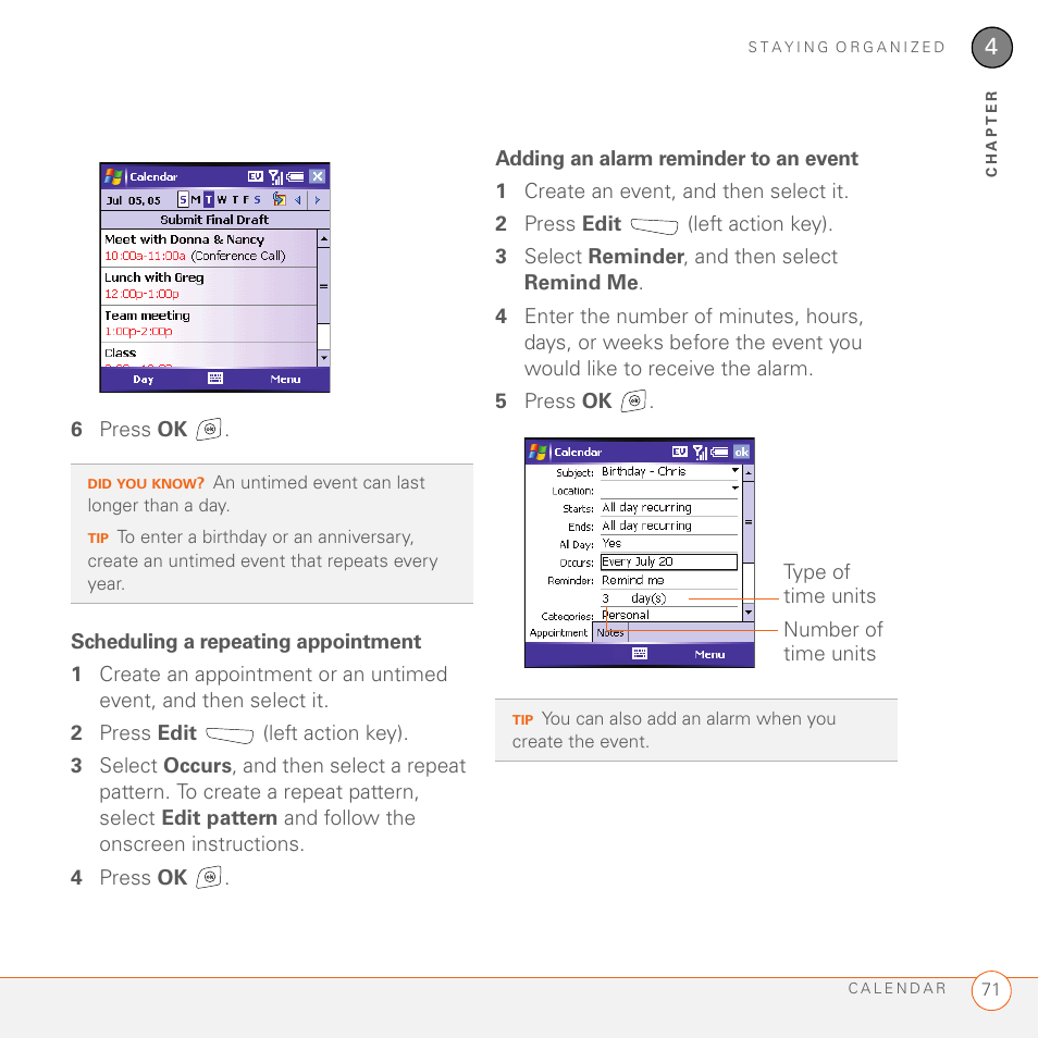 Scheduling a repeating appointment, Adding an alarm reminder to an event | Palm 700wx User Manual | Page 79 / 288