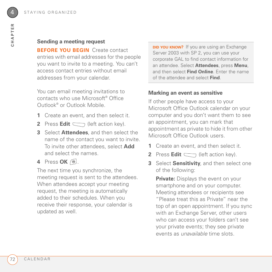 Sending a meeting request, Marking an event as sensitive | Palm 700wx User Manual | Page 80 / 288