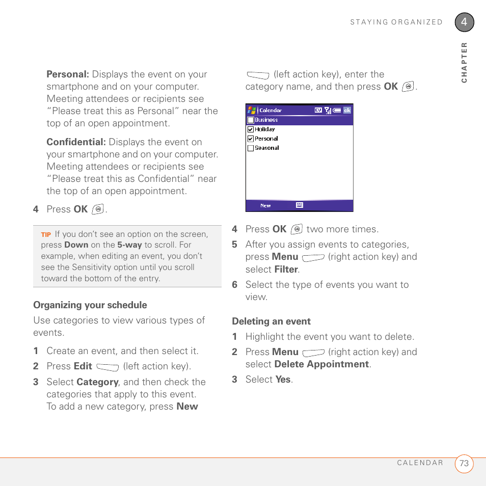 Organizing your schedule, Deleting an event | Palm 700wx User Manual | Page 81 / 288