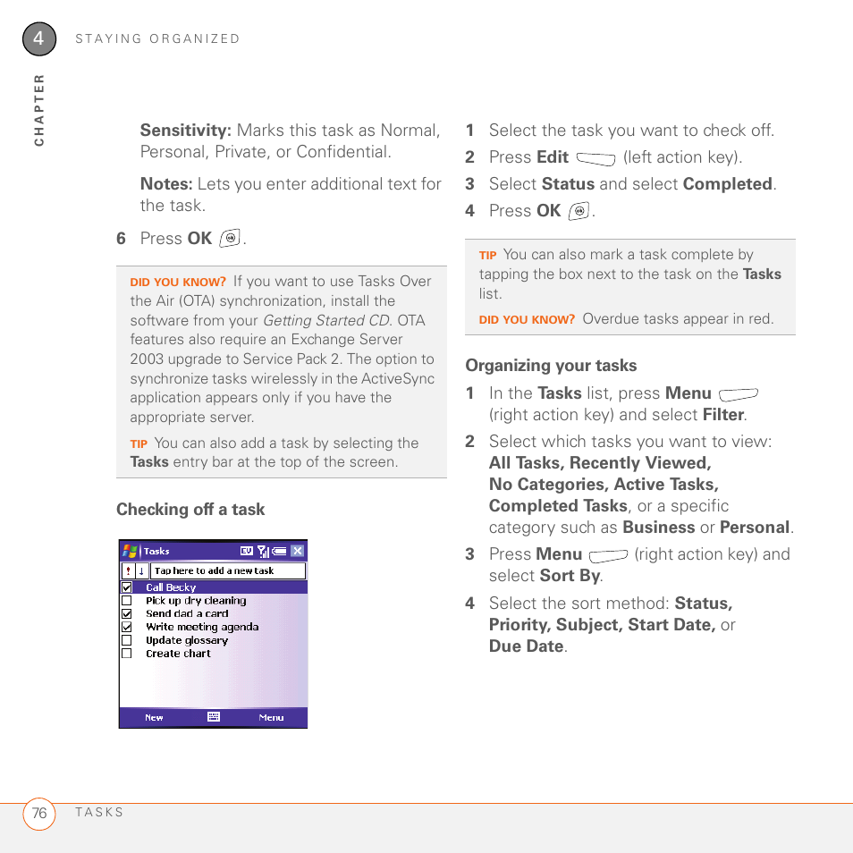 Checking off a task, Organizing your tasks | Palm 700wx User Manual | Page 84 / 288