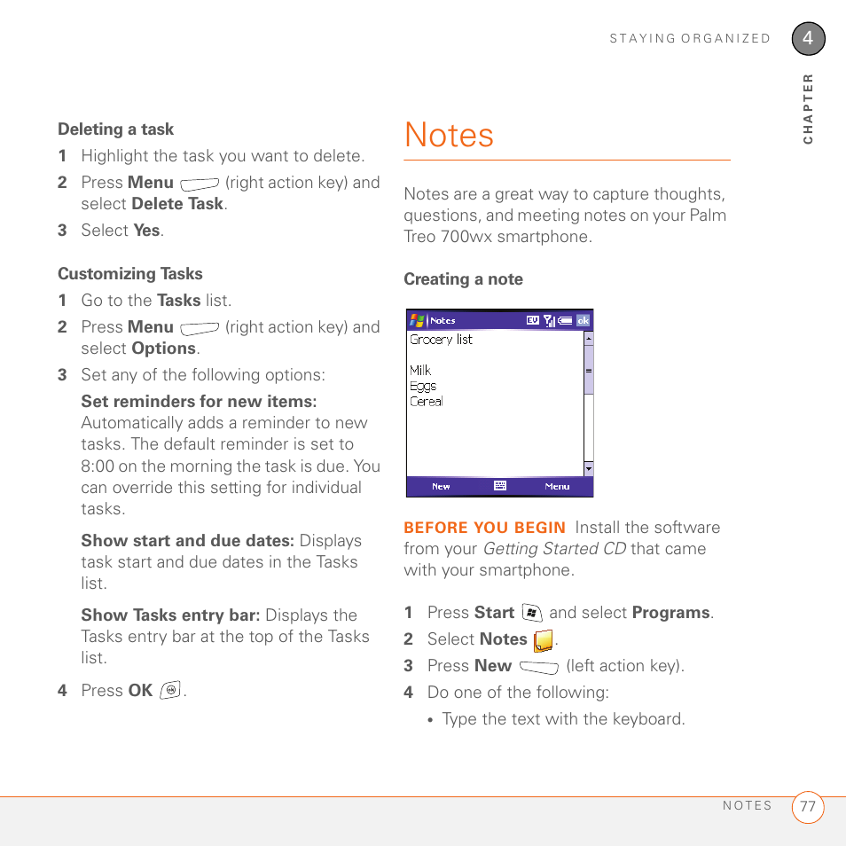 Deleting a task, Customizing tasks, Notes | Creating a note | Palm 700wx User Manual | Page 85 / 288