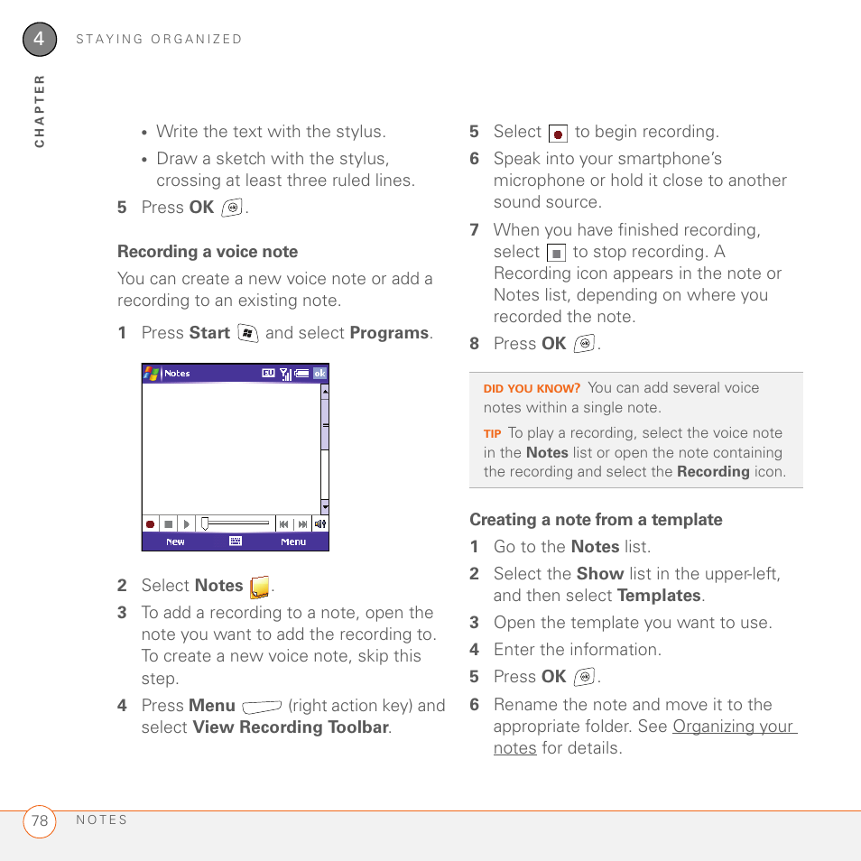 Recording a voice note, Creating a note from a template | Palm 700wx User Manual | Page 86 / 288