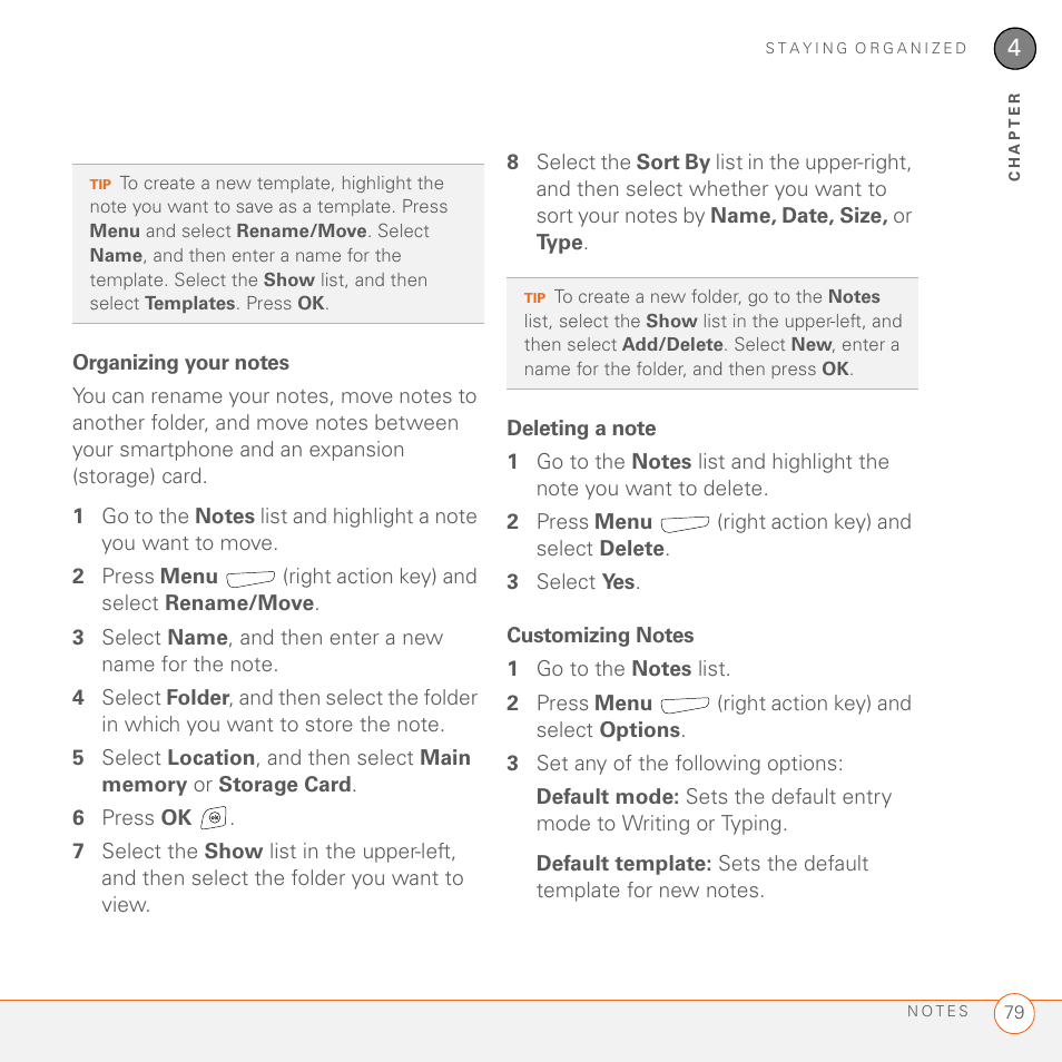 Organizing your notes, Deleting a note, Customizing notes | Palm 700wx User Manual | Page 87 / 288