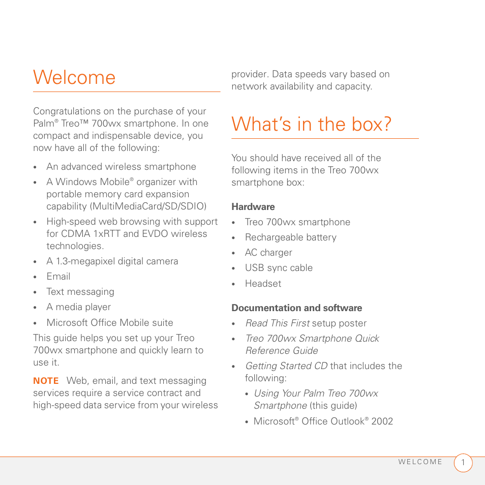 Welcome, What’s in the box, Hardware | Documentation and software | Palm 700wx User Manual | Page 9 / 288