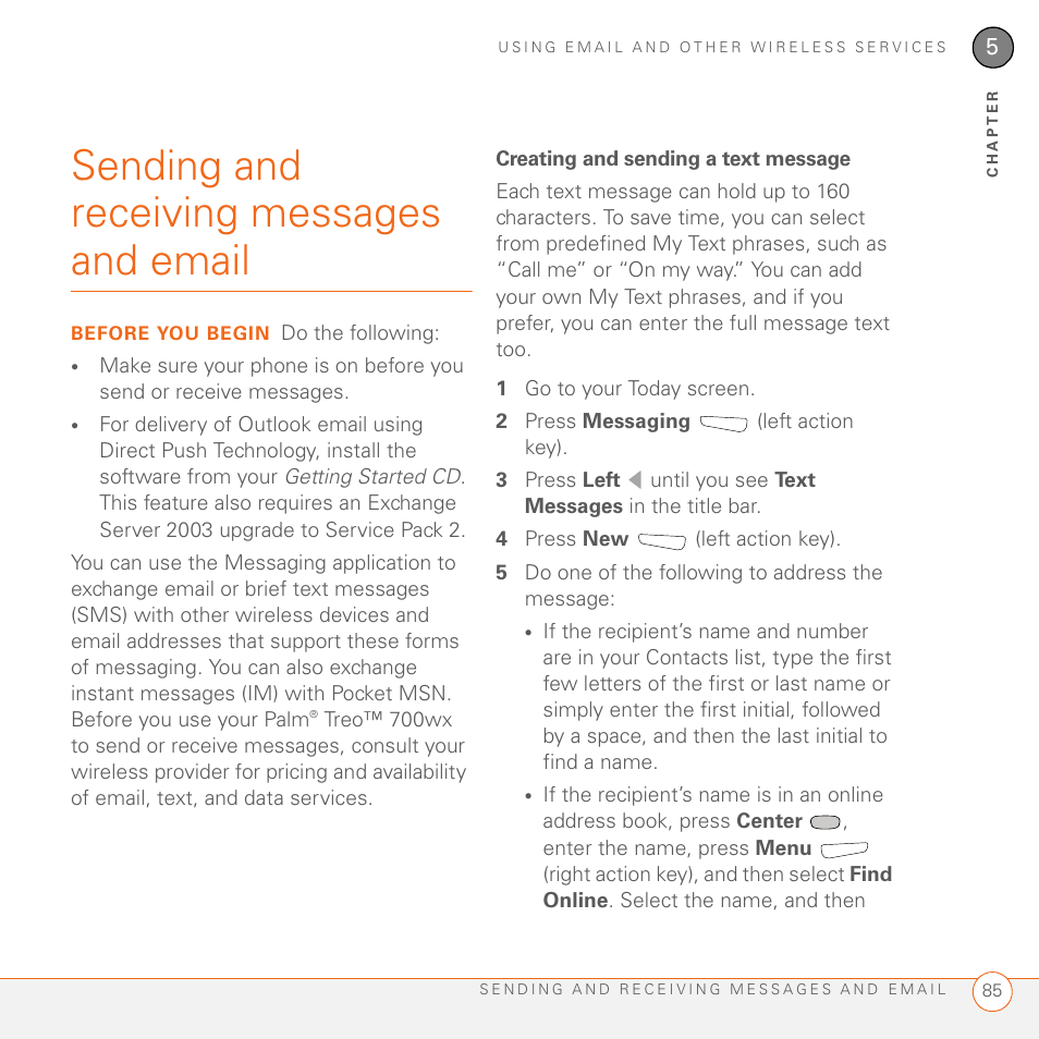 Sending and receiving messages and email, Creating and sending a text message | Palm 700wx User Manual | Page 93 / 288