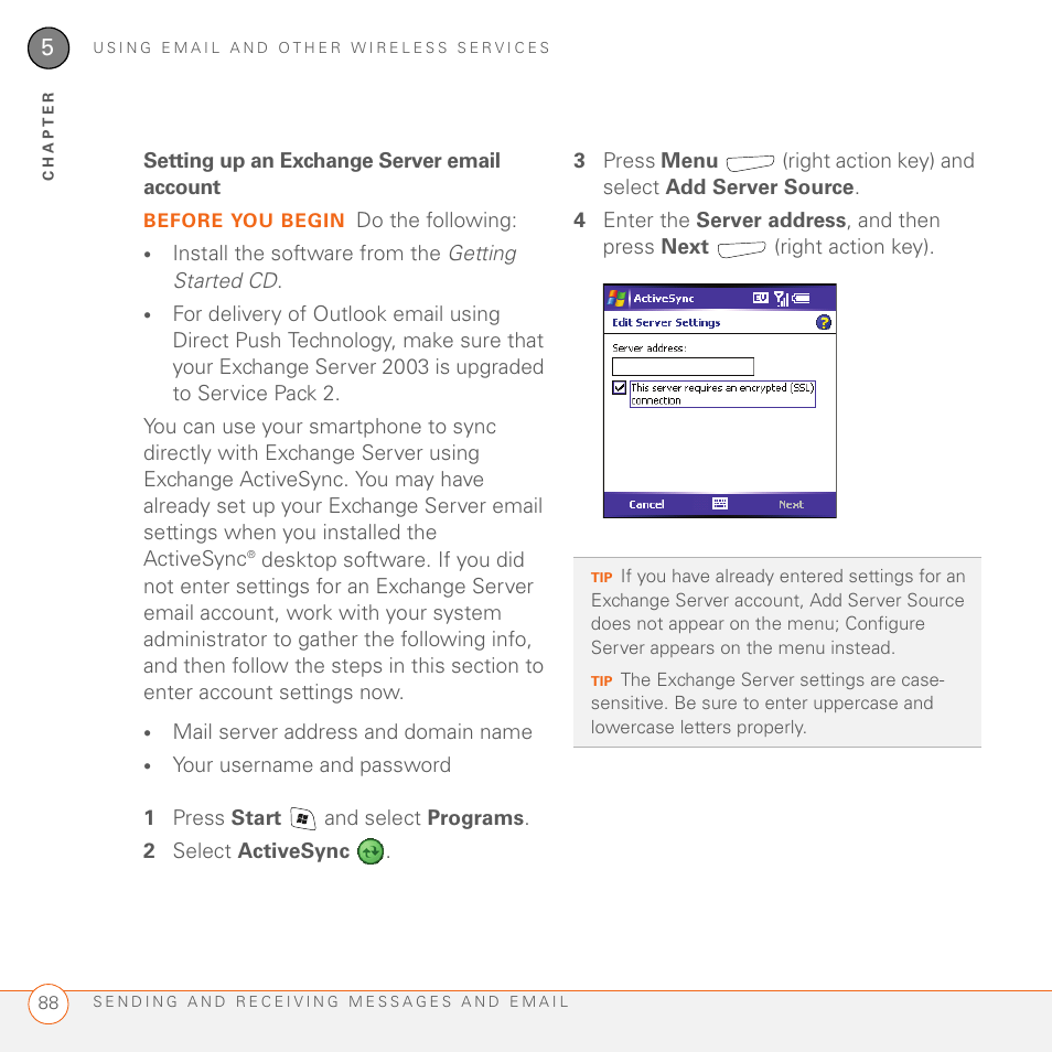 Setting up an exchange server email account, See setting up an exchange server email account | Palm 700wx User Manual | Page 96 / 288