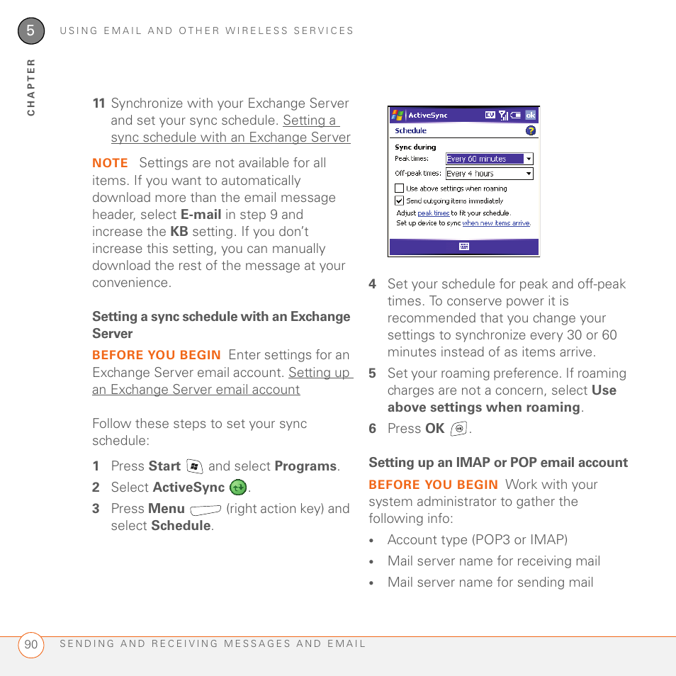 Setting a sync schedule with an exchange server, Setting up an imap or pop email account | Palm 700wx User Manual | Page 98 / 288