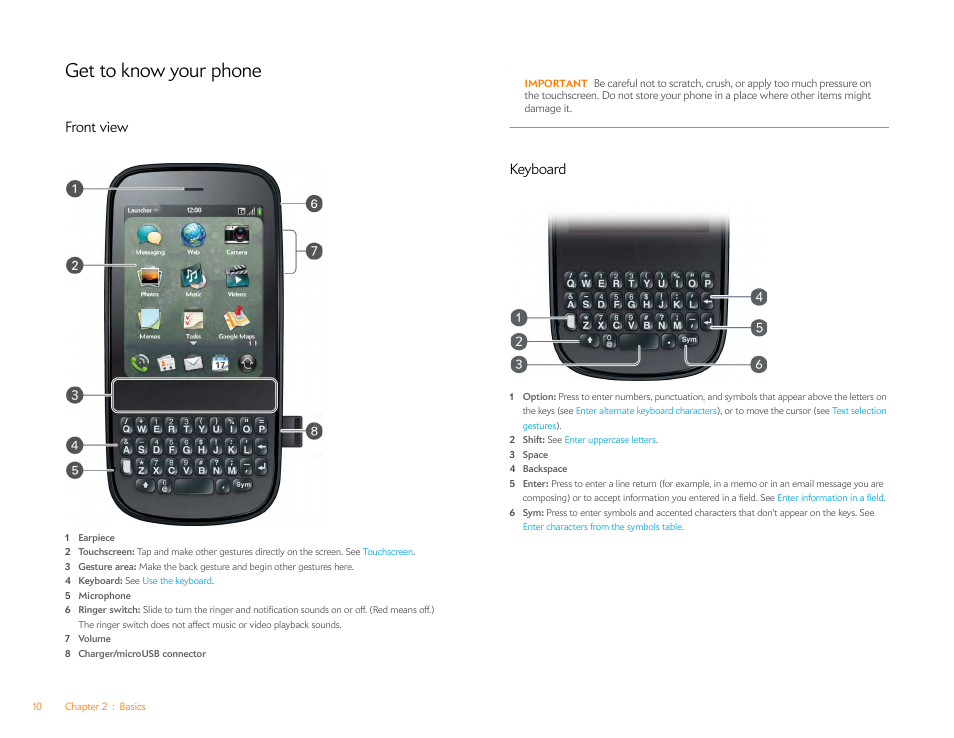 Get to know your phone, Front view, Keyboard | Palm Pixi Plus User Manual | Page 10 / 201
