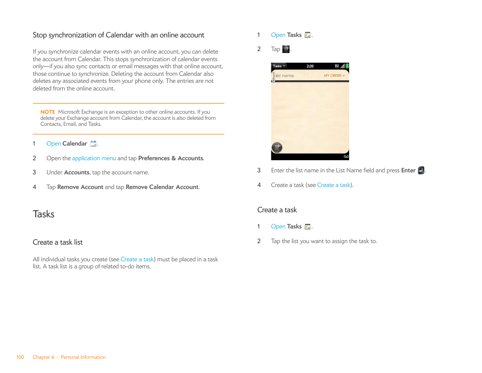 Tasks, Create a task list, Create a task | Palm Pixi Plus User Manual | Page 100 / 201