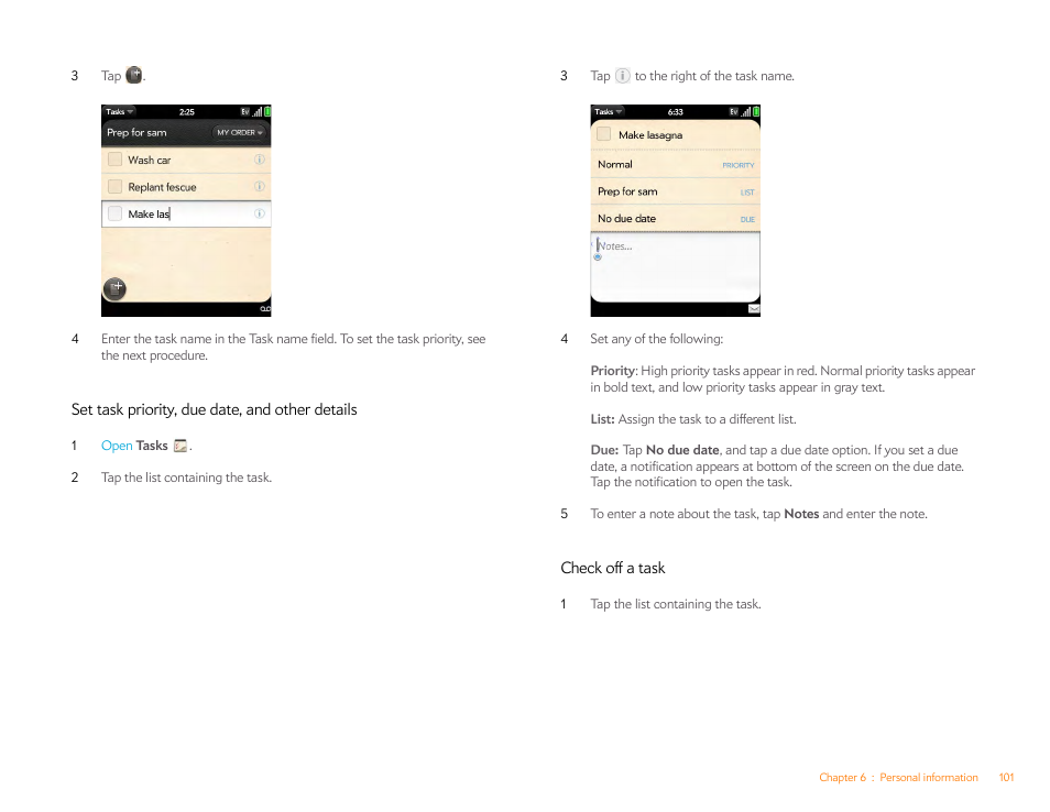 Set task priority, due date, and other details, Check off a task | Palm Pixi Plus User Manual | Page 101 / 201