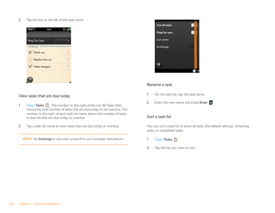 View tasks that are due today, Rename a task, Sort a task list | Palm Pixi Plus User Manual | Page 102 / 201