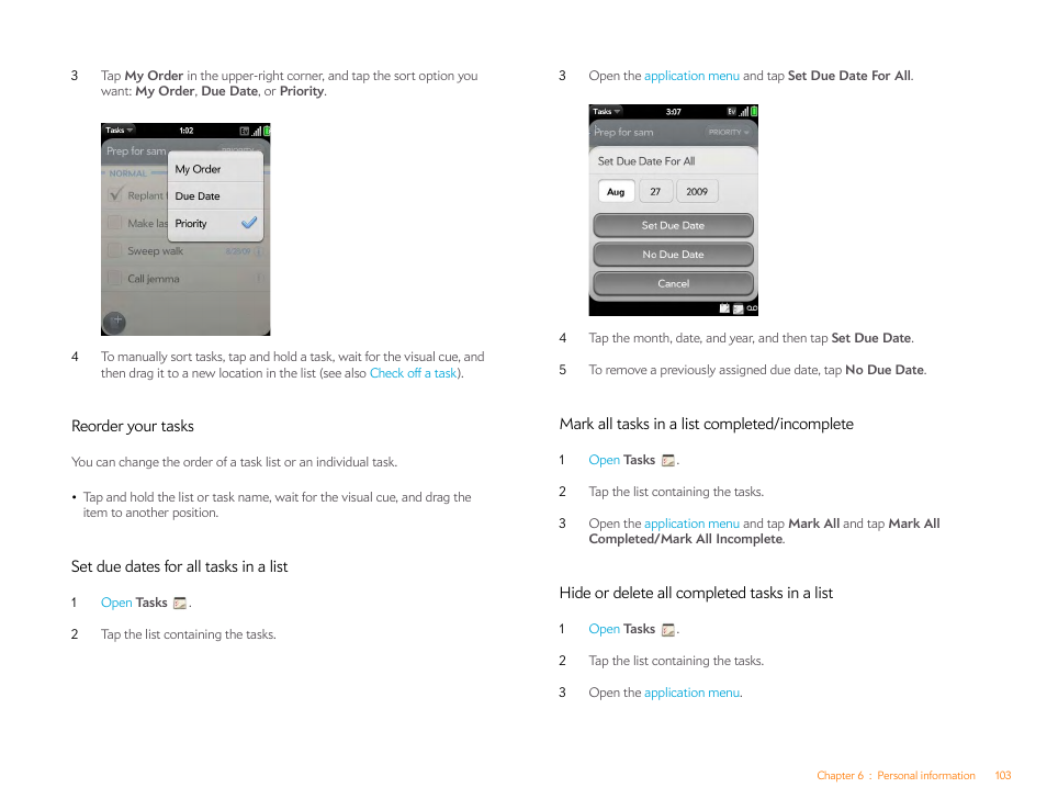 Reorder your tasks, Set due dates for all tasks in a list, Mark all tasks in a list completed/incomplete | Hide or delete all completed tasks in a list | Palm Pixi Plus User Manual | Page 103 / 201