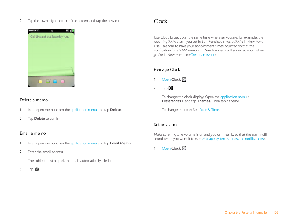 Delete a memo, Email a memo, Clock | Manage clock, Set an alarm | Palm Pixi Plus User Manual | Page 105 / 201
