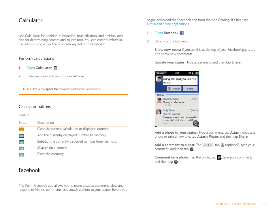 Calculator, Perform calculations, Calculator buttons | Facebook | Palm Pixi Plus User Manual | Page 107 / 201