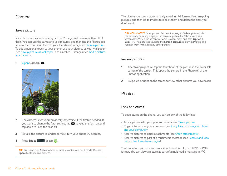 Camera, Take a picture, Review pictures | Photos, Look at pictures | Palm Pixi Plus User Manual | Page 110 / 201
