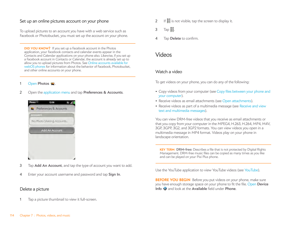 Set up an online pictures account on your phone, Delete a picture, Videos | Watch a video | Palm Pixi Plus User Manual | Page 114 / 201