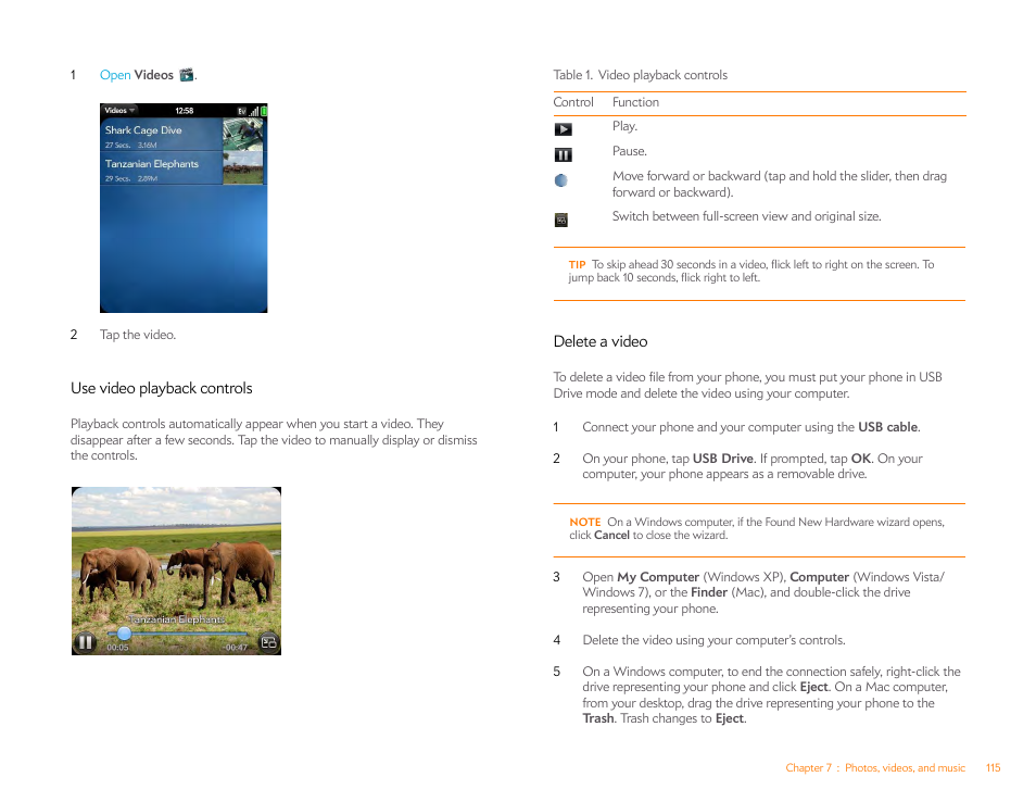 Use video playback controls, Delete a video | Palm Pixi Plus User Manual | Page 115 / 201