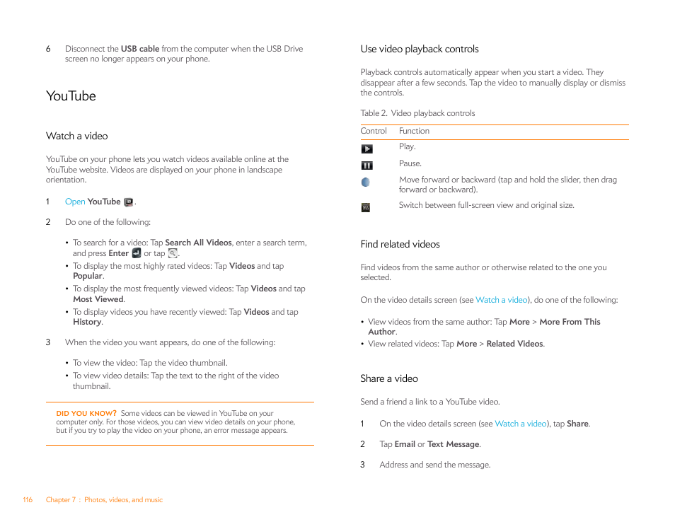 Youtube, Watch a video, Use video playback controls | Find related videos, Share a video | Palm Pixi Plus User Manual | Page 116 / 201