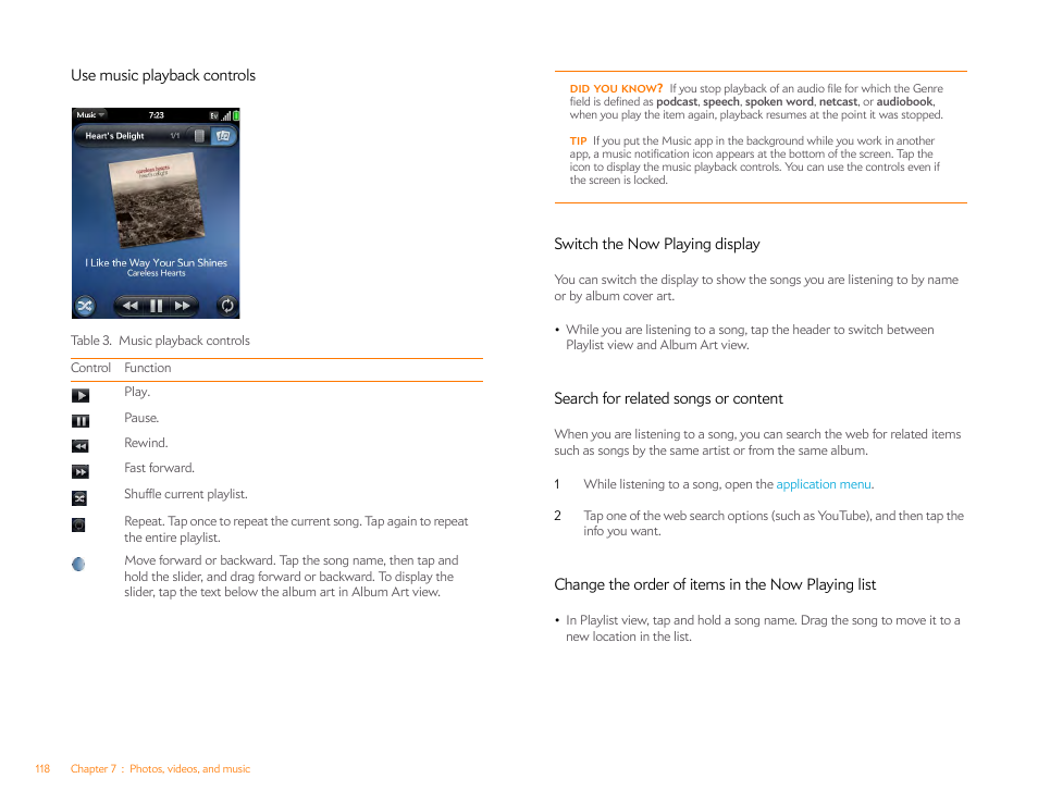 Use music playback controls, Switch the now playing display, Search for related songs or content | Change the order of items in the now playing list | Palm Pixi Plus User Manual | Page 118 / 201