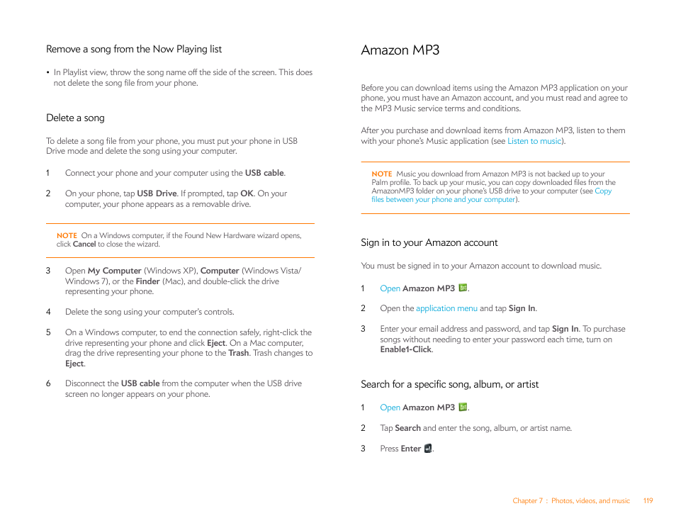 Remove a song from the now playing list, Delete a song, Amazon mp3 | Sign in to your amazon account, Search for a specific song, album, or artist, Amazon | Palm Pixi Plus User Manual | Page 119 / 201