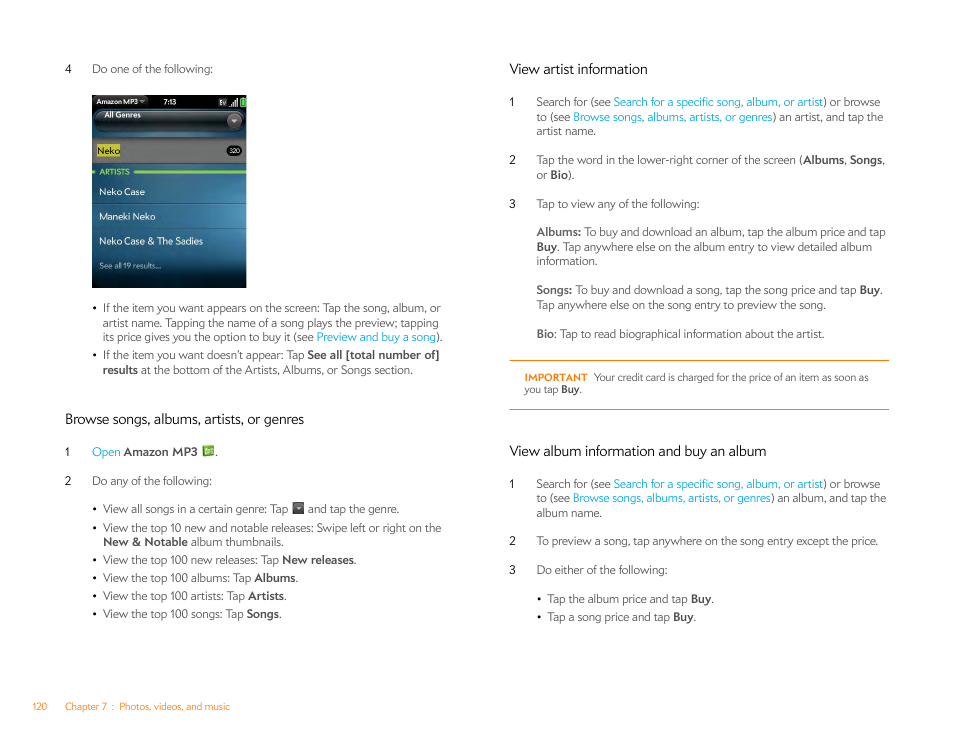Browse songs, albums, artists, or genres, View artist information, View album information and buy an album | Palm Pixi Plus User Manual | Page 120 / 201
