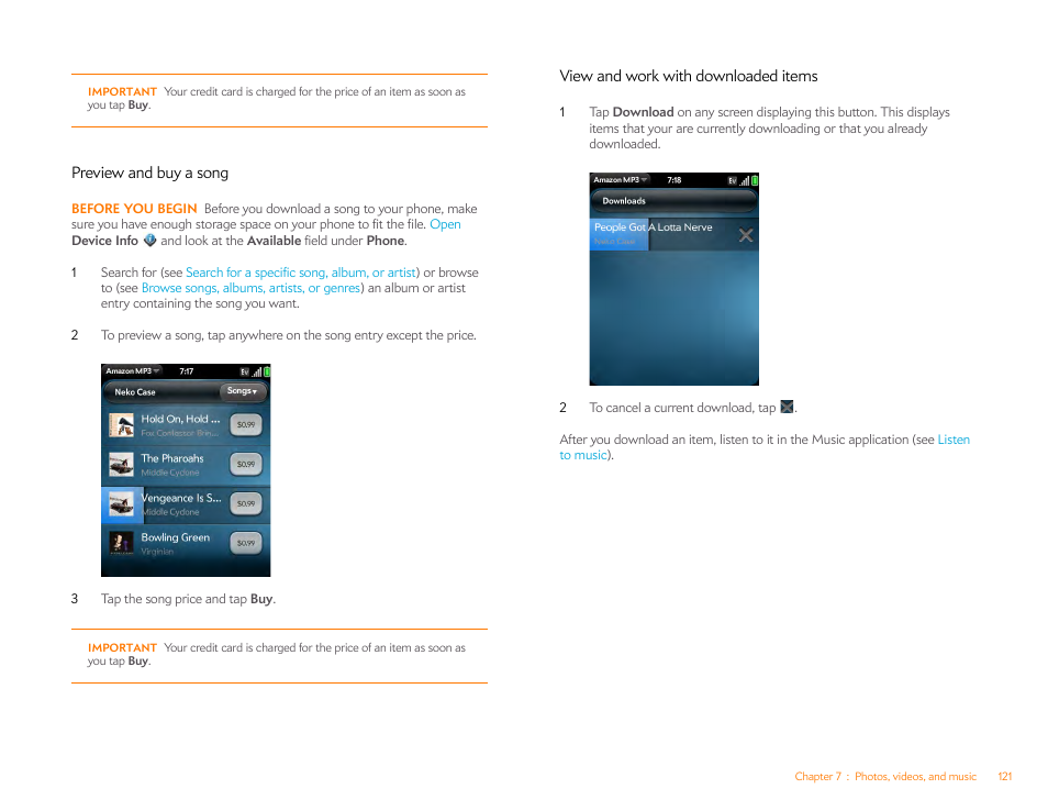 Preview and buy a song, View and work with downloaded items | Palm Pixi Plus User Manual | Page 121 / 201