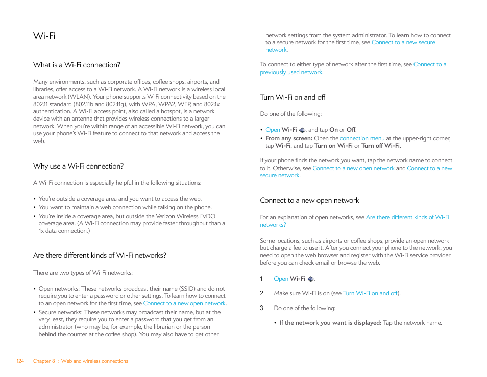 Wi-fi, What is a wi-fi connection, Why use a wi-fi connection | Are there different kinds of wi-fi networks, Turn wi-fi on and off, Connect to a new open network | Palm Pixi Plus User Manual | Page 124 / 201