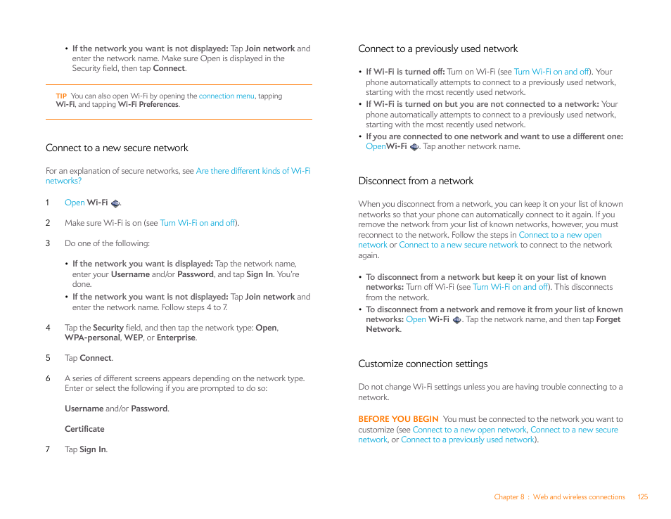 Connect to a new secure network, Connect to a previously used network, Disconnect from a network | Customize connection settings, Connect to a new secure, Network, Connect to a, Previously used network, Connect to a new, Secure network | Palm Pixi Plus User Manual | Page 125 / 201