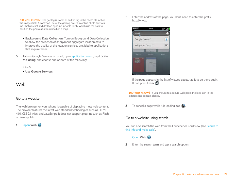 Go to a website, Go to a website using search | Palm Pixi Plus User Manual | Page 127 / 201