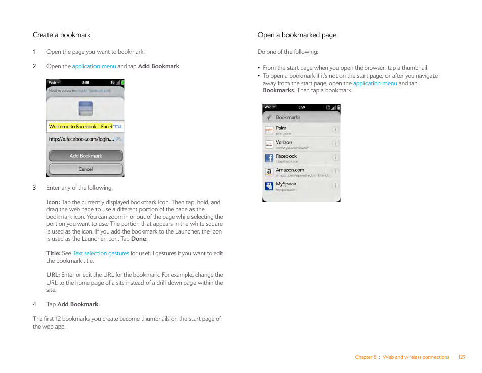Create a bookmark | Palm Pixi Plus User Manual | Page 129 / 201