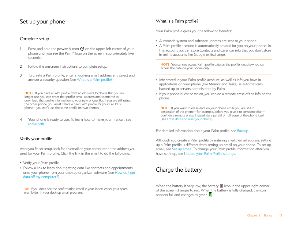 Set up your phone, Complete setup, Verify your profile | What is a palm profile, Charge the battery, What is a palm, Profile | Palm Pixi Plus User Manual | Page 13 / 201