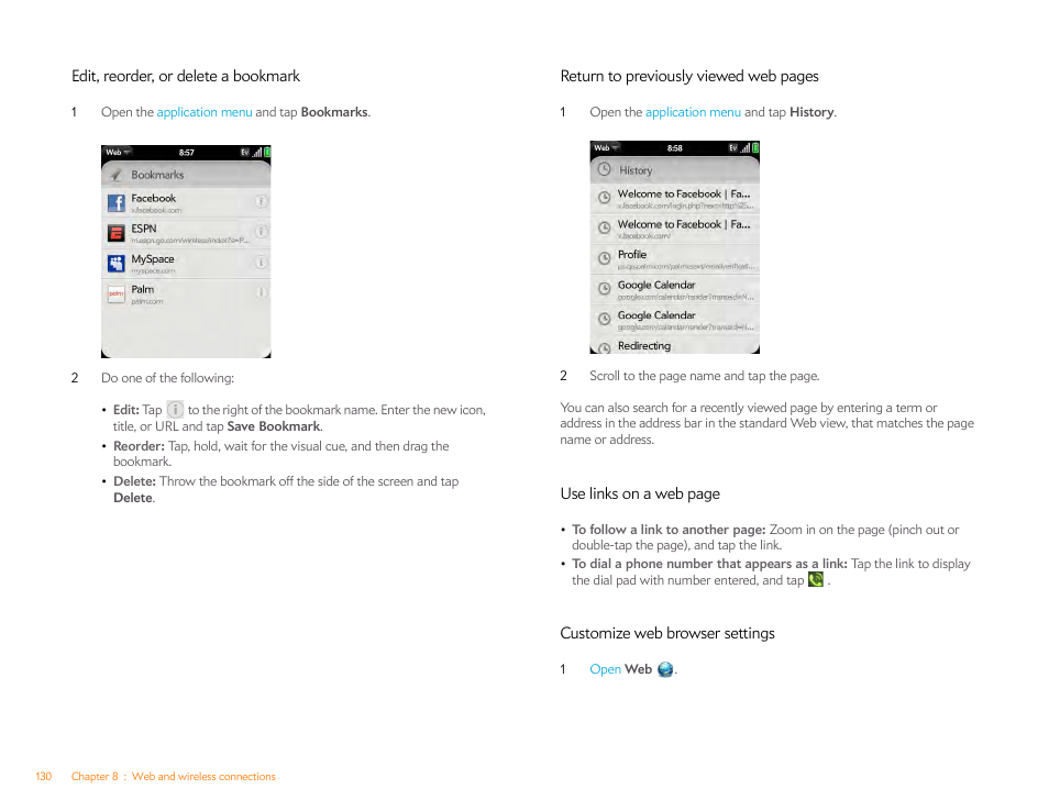 Edit, reorder, or delete a bookmark, Customize web browser settings | Palm Pixi Plus User Manual | Page 130 / 201