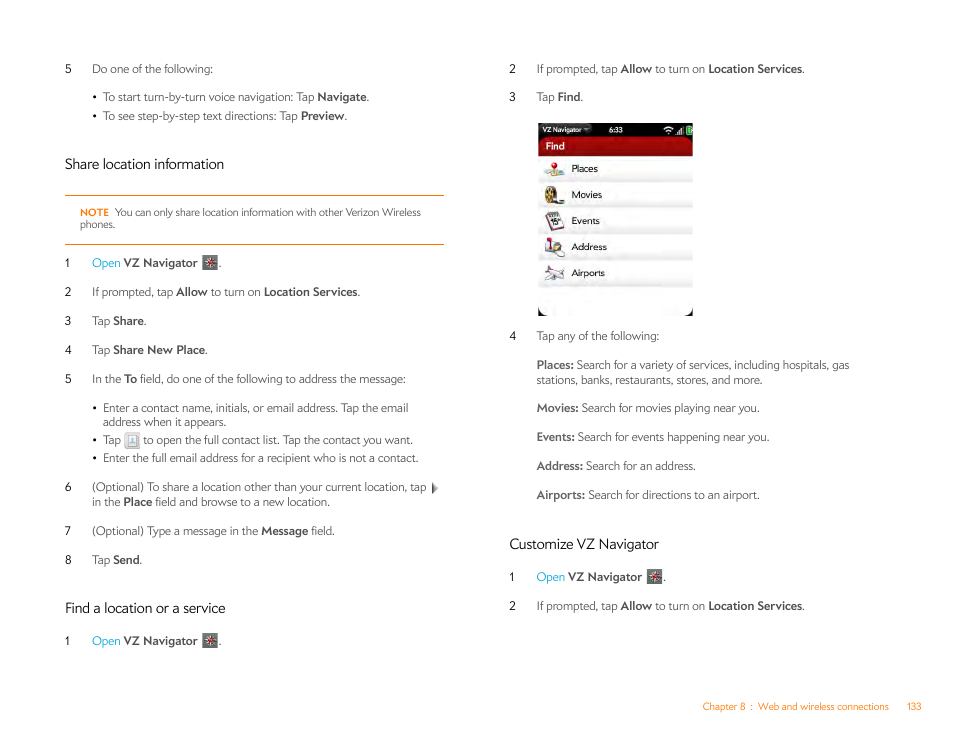 Share location information, Find a location or a service, Customize vz navigator | Palm Pixi Plus User Manual | Page 133 / 201