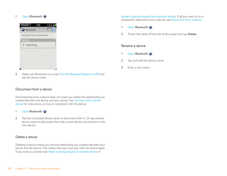 Disconnect from a device, Delete a device, Rename a device | Palm Pixi Plus User Manual | Page 136 / 201