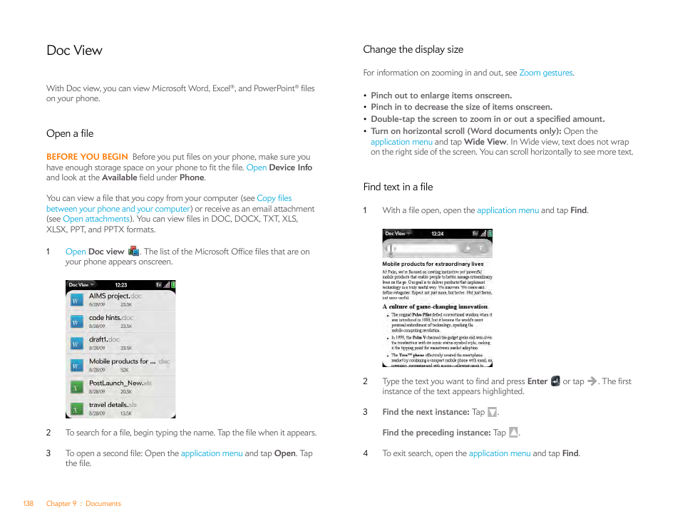 Doc view, Open a file, Change the display size | Find text in a file | Palm Pixi Plus User Manual | Page 138 / 201
