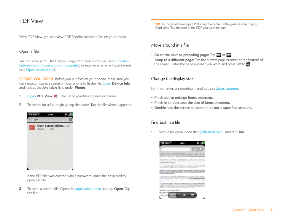 Pdf view, Open a file, Move around in a file | Change the display size, Find text in a file | Palm Pixi Plus User Manual | Page 141 / 201