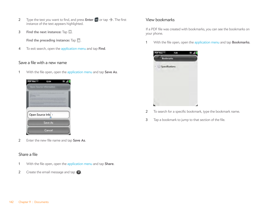 Save a file with a new name, Share a file, View bookmarks | Palm Pixi Plus User Manual | Page 142 / 201