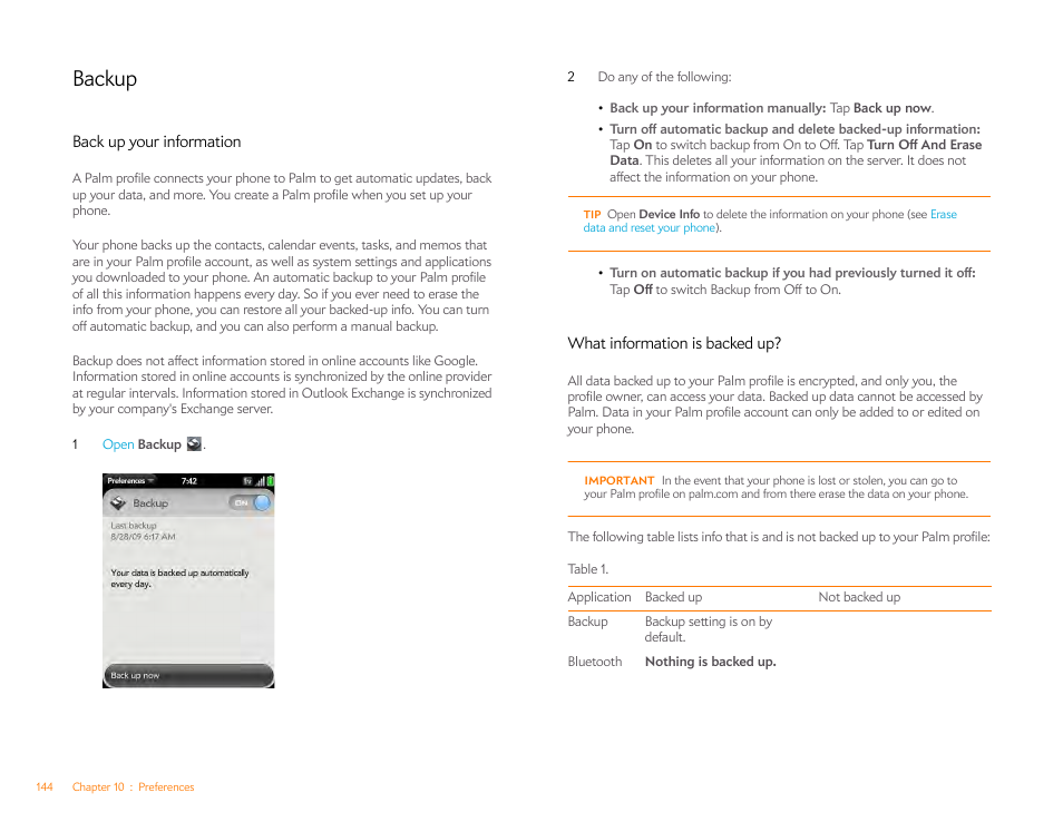 Backup, Back up your information, What information is backed up | Palm Pixi Plus User Manual | Page 144 / 201
