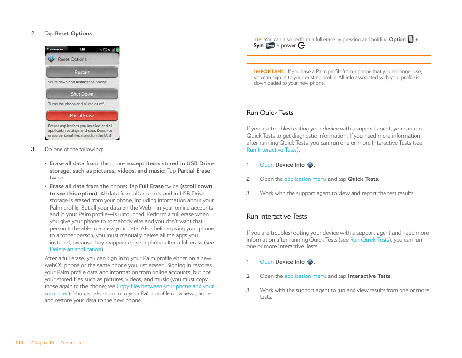 Run quick tests, Run interactive tests | Palm Pixi Plus User Manual | Page 148 / 201