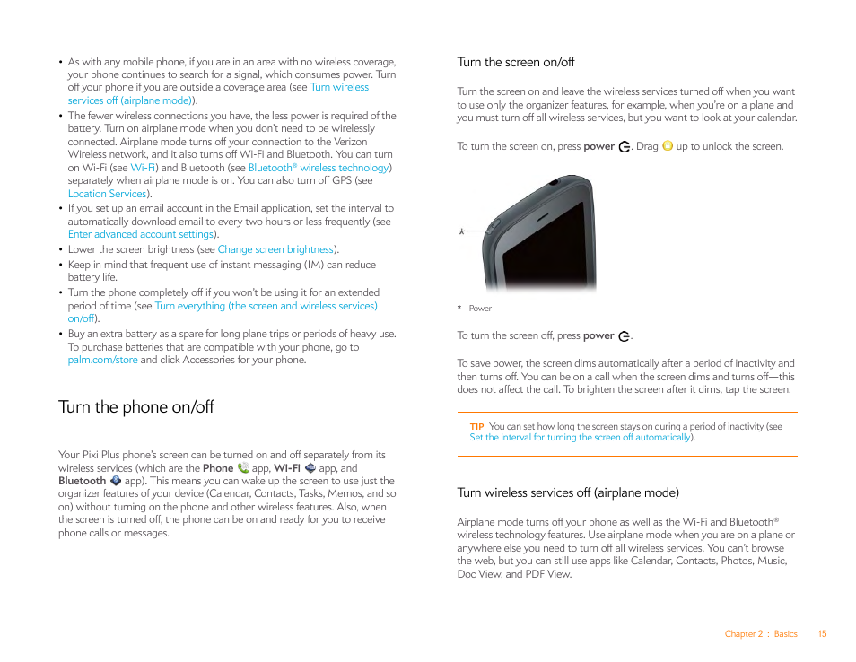 Turn the phone on/off, Turn the screen on/off, Turn wireless services off (airplane mode) | Turn wireless, Services off (airplane mode) | Palm Pixi Plus User Manual | Page 15 / 201
