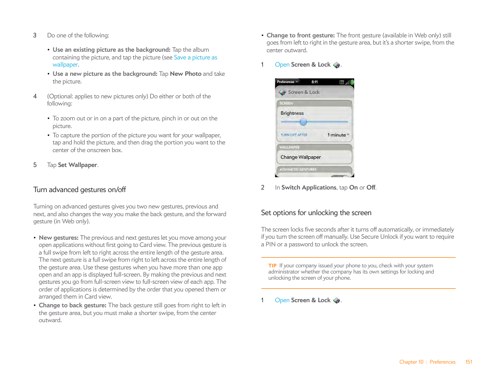 Turn advanced gestures on/off, Set options for unlocking the screen | Palm Pixi Plus User Manual | Page 151 / 201