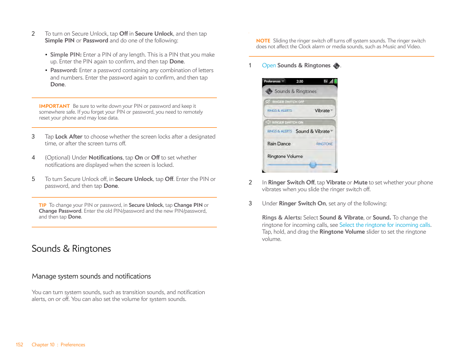 Sounds & ringtones, Manage system sounds and notifications | Palm Pixi Plus User Manual | Page 152 / 201