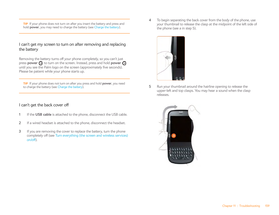 I can't get the back cover off | Palm Pixi Plus User Manual | Page 159 / 201