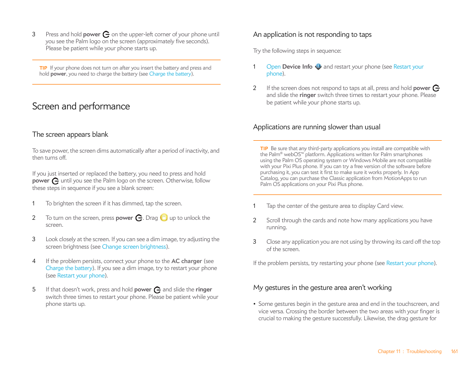 Screen and performance, The screen appears blank, An application is not responding to taps | Applications are running slower than usual, My gestures in the gesture area aren’t working | Palm Pixi Plus User Manual | Page 161 / 201