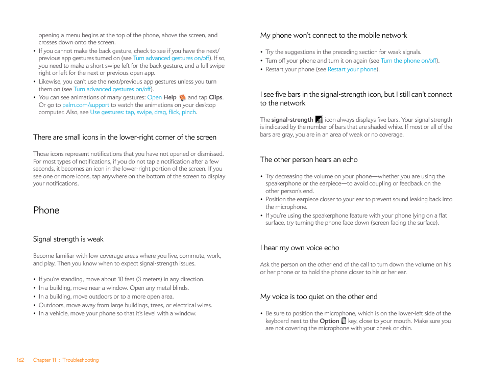 Phone, Signal strength is weak, My phone won’t connect to the mobile network | The other person hears an echo, I hear my own voice echo, My voice is too quiet on the other end | Palm Pixi Plus User Manual | Page 162 / 201